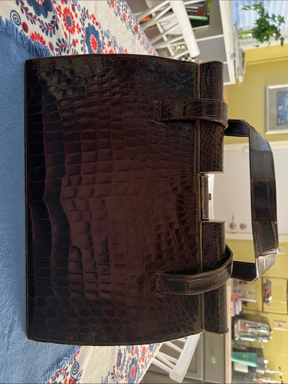 Classic Croc-Embossed Structured Top-Handle Bag in Dark Brown